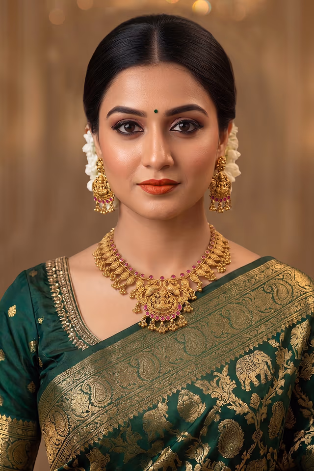 Traditional Temple Jewelry Set Matte Gold Texture And Polished Red Stones Give Authentic Antique Look — rent in Calicut