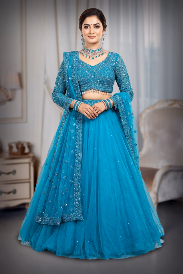 Turquoise Blue Embroidered Lehenga — back view, rent in Coimbatore
