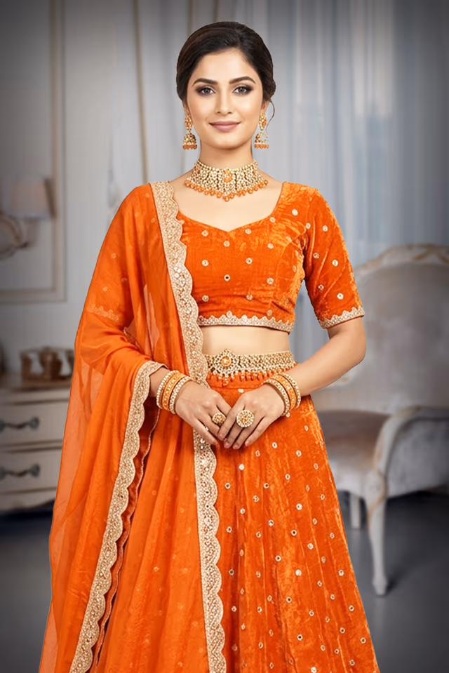 Vibrant Rust Orange Velvet & Silk-Blend Lehenga Choli Set with Mirror-Embellished Dupatta — rent in Edappally