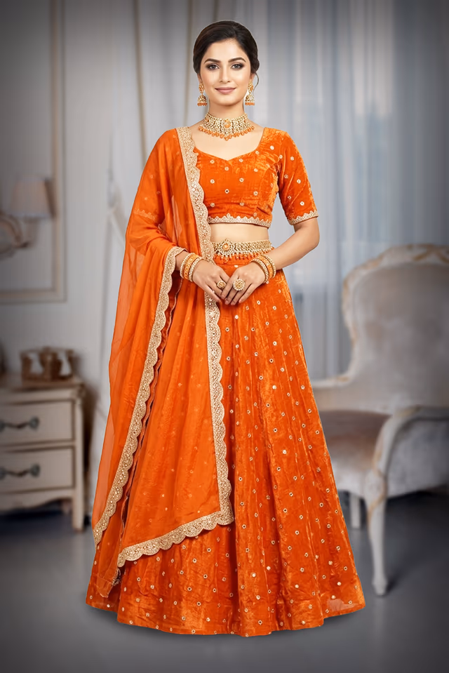 Vibrant Rust Orange Velvet & Silk-Blend Lehenga Choli Set with Mirror-Embellished Dupatta — back view, rent in Edappally