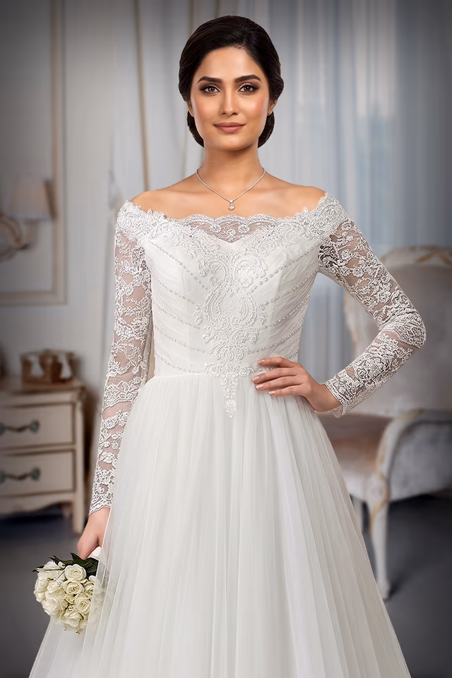 White Bidal Gown with lace worked and full sleeve — rent in Coimbatore