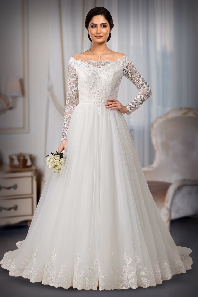 White Bidal Gown with lace worked and full sleeve — back view, rent in Coimbatore