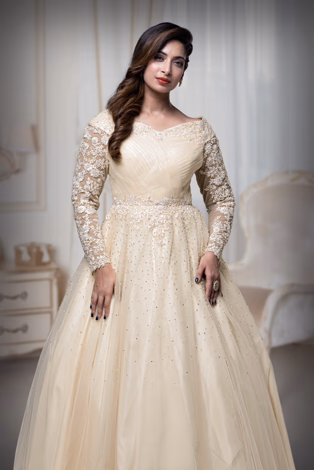 Champagne Double Umbrella  Gown — rent in Kochi