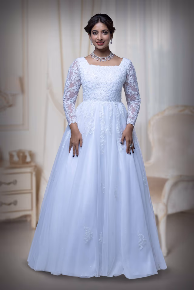 White Gather Gown — back view, rent in Kochi