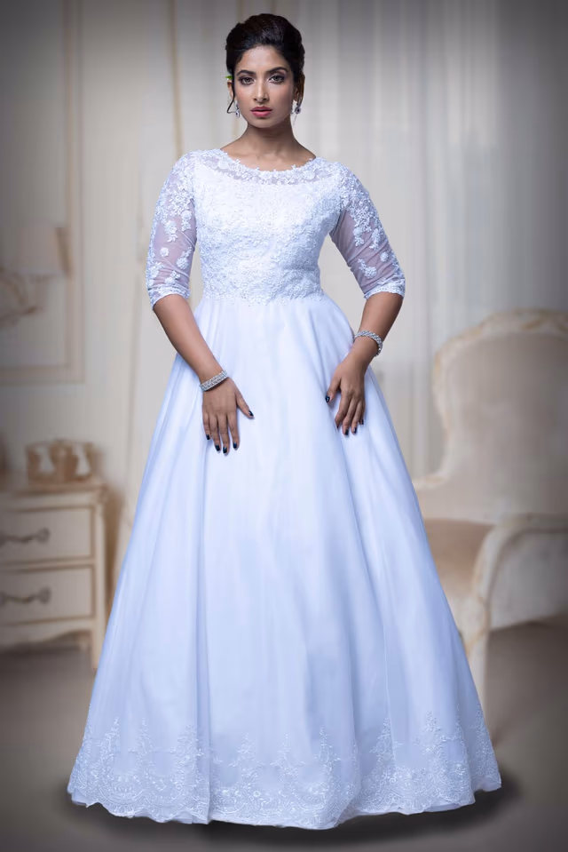 White Single Umbrella Gown — back view, rent in Kochi