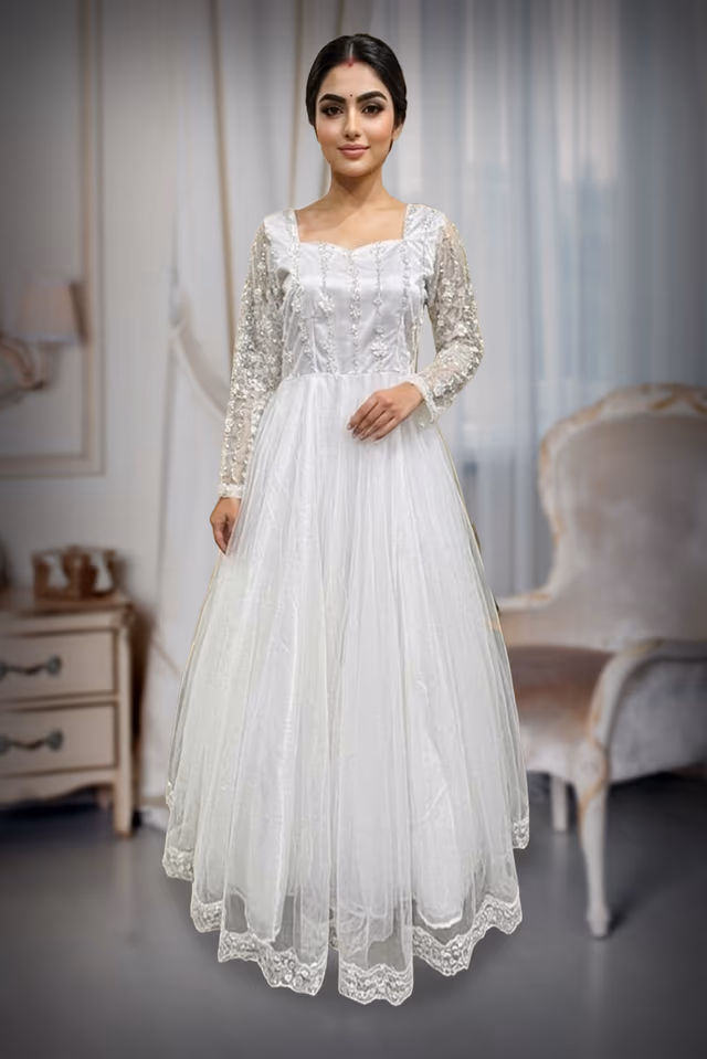 White Embroidered Bridal Gown — back view, rent in Coimbatore