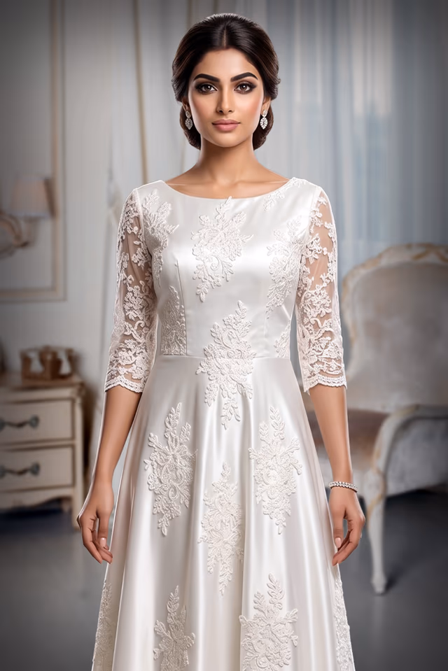 White Embroidered Satin Gown — rent in Coimbatore