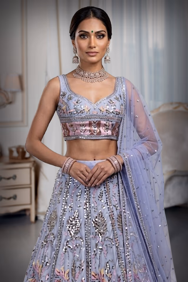 White Faux Georgette Lehenga With Light Peach Applique Details And Embroidery — rent in Bangalore