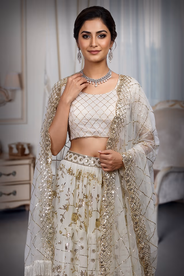 White Georgette Lehenga With Eccentric Golden Sequin Work With Heavy Detailed Blouse And Same Colour… — rent in Coimbatore