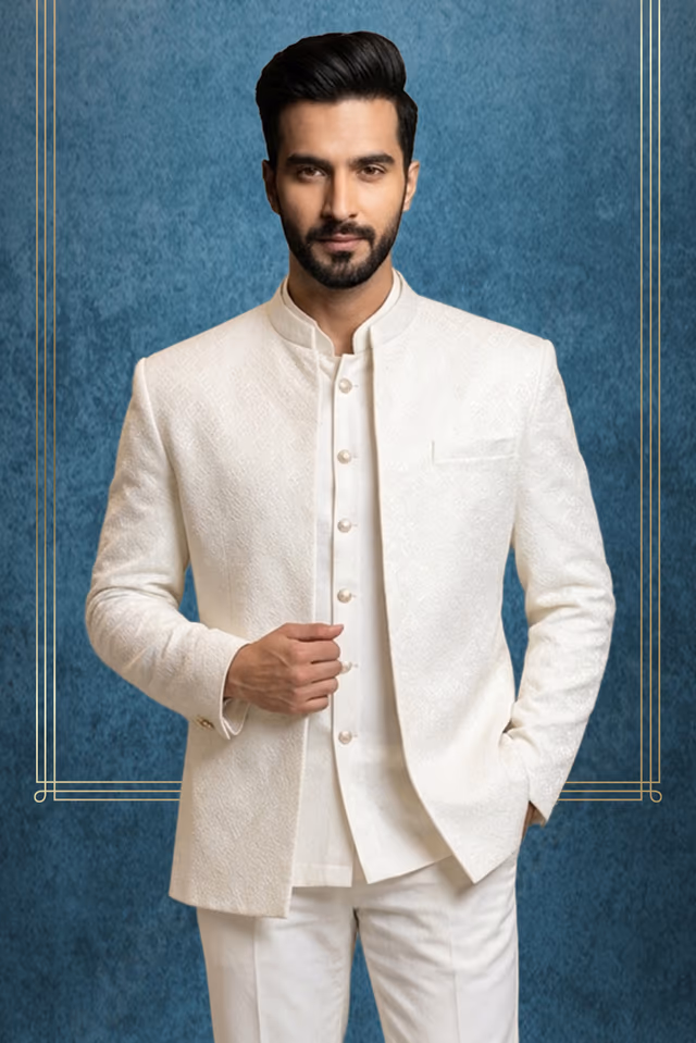 White Open Jodhpuri with Self Embroidery and Elegant Formal Pants — back view, rent in Bangalore