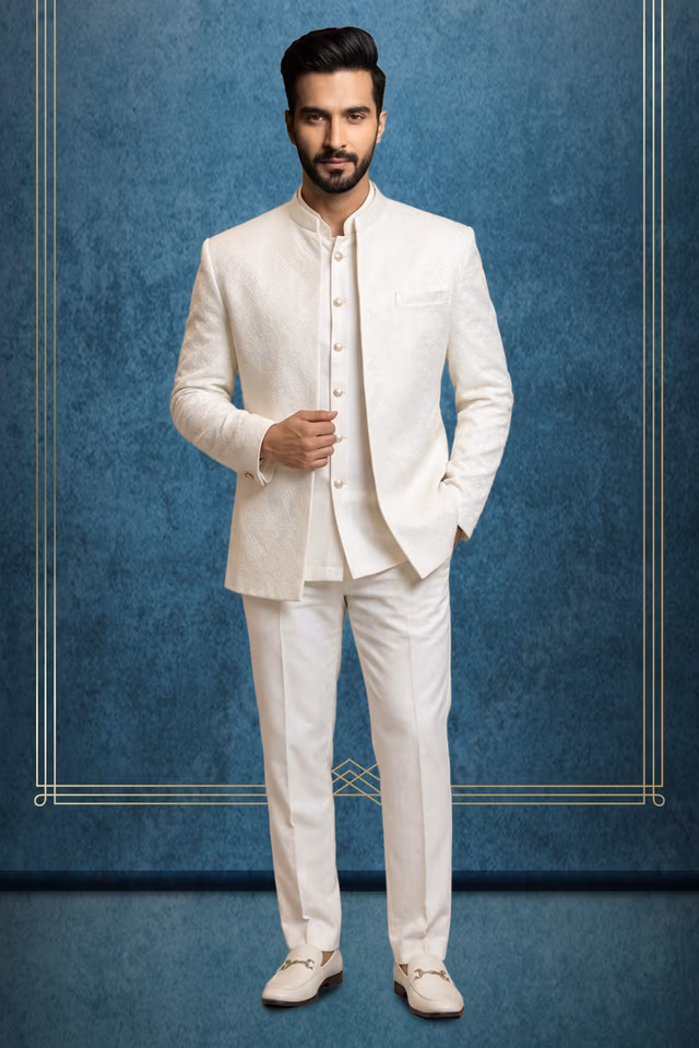 White Open Jodhpuri with Self Embroidery and Elegant Formal Pants — rent in Bangalore