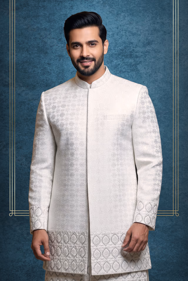 White 2 Pc Grooms Sherwani With Threadworked Border Details — back view, rent in Calicut