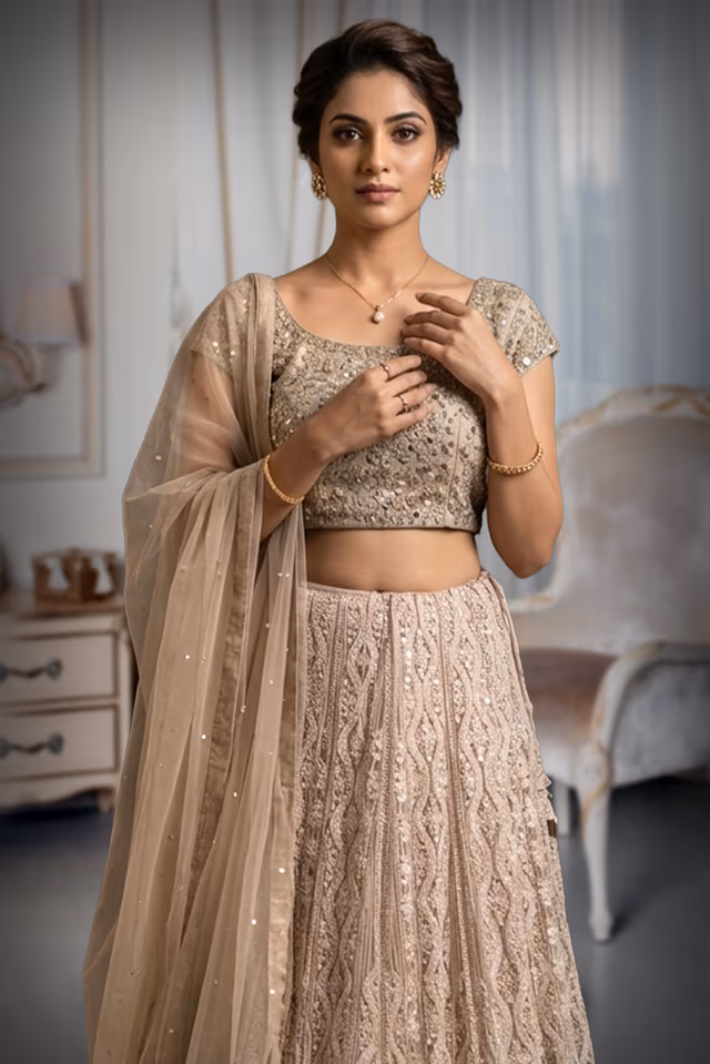White Teal Ombre Chikankari Lehenga with Mirror Work Blouse and Grey Dupatta — rent in Bangalore