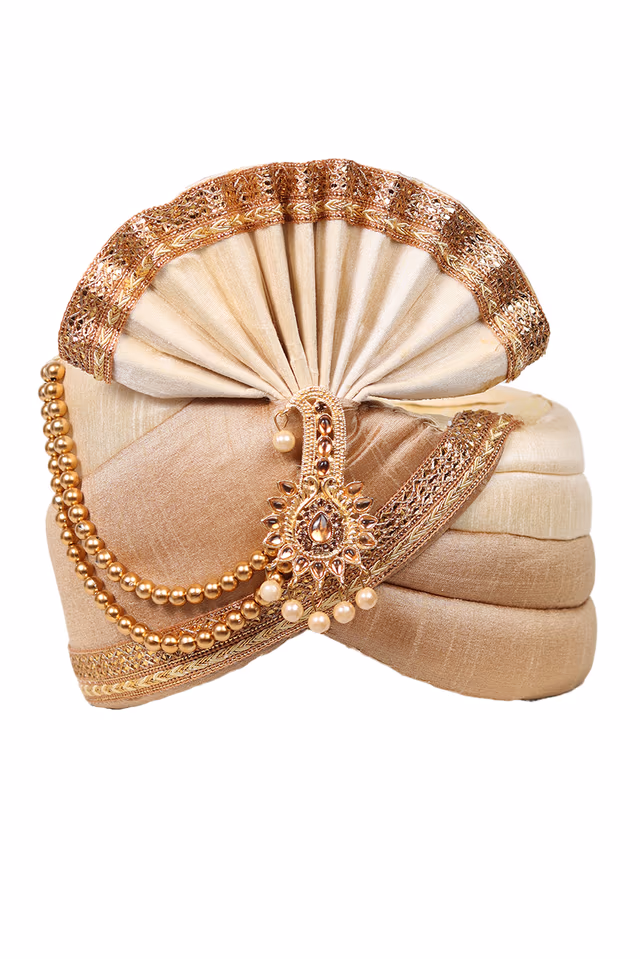 Beige And White Classic Turban With Gilden Border And Beads Embellishment — rent in Coimbatore