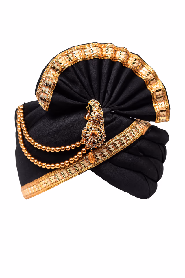Black Plain Turban With Golden Border And Golden Mothi String Embellishment — rent in Calicut