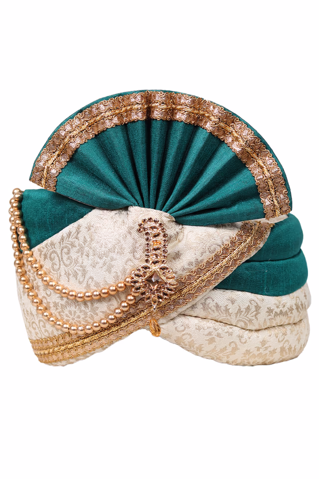 Blue Green And Printed White Elegant Grooms Turban With Golden Border Detailing — rent in Coimbatore
