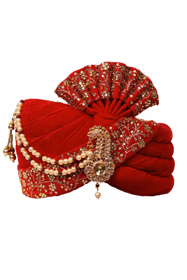 Bright Red Turban With Golden Front Locket And Golden Threadworked Border — rent in Coimbatore