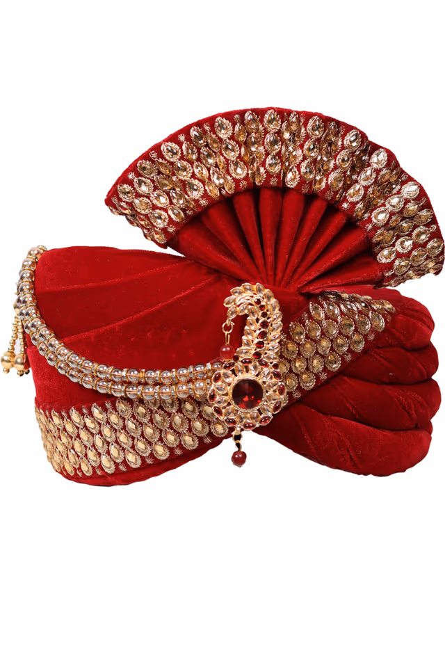 Bright Red Turban With Golden Front Locket And Golden Threadworked Border — rent in Coimbatore