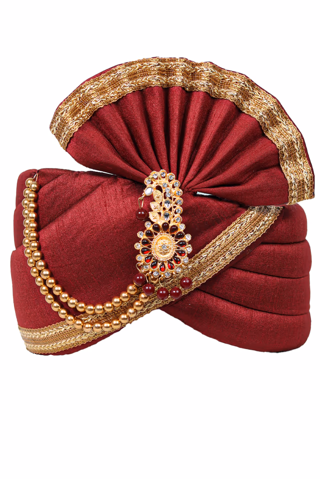 Cherry Red Colour Classic Turban With Golden Border  And Golden Chain — rent in Coimbatore
