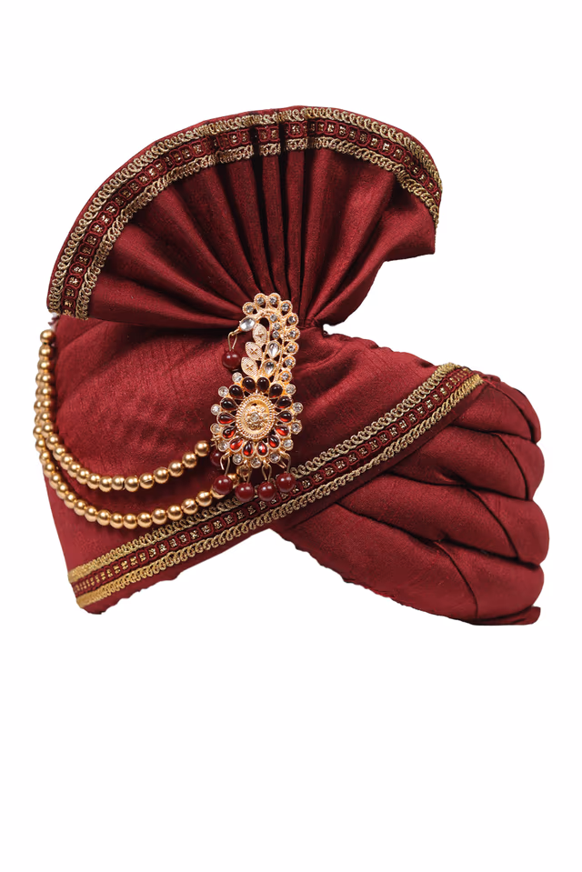 Dark Maroon Plain Turban With Copper Golden Border Embellishment And Golden Beads — rent in Calicut
