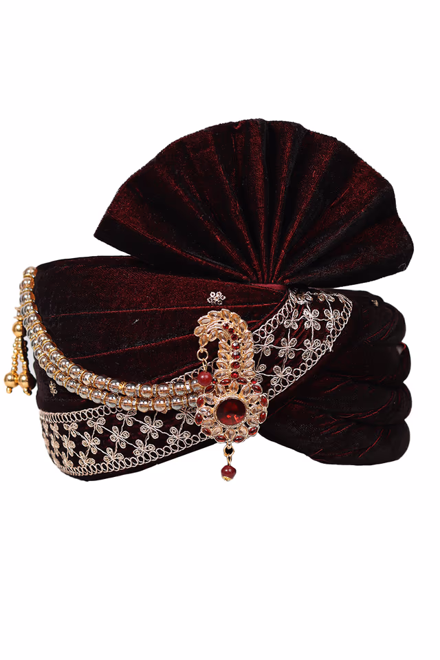 Dark Maroon Classic Turban With Wide Golden Border — rent in Coimbatore