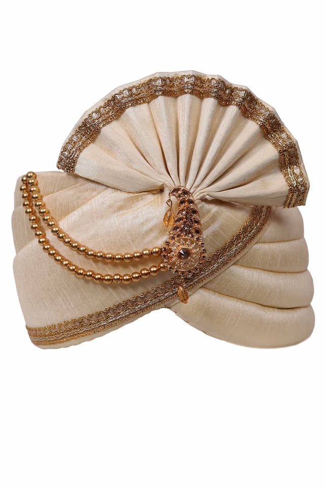 White Turban With Golden Front Locket And Golden Threadworked Border — rent in Coimbatore