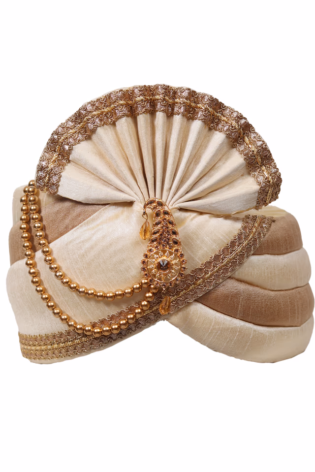 White And Golden Interlined Elegant Turban With Golden Beads ANd Golden Front Locket — rent in Coimbatore