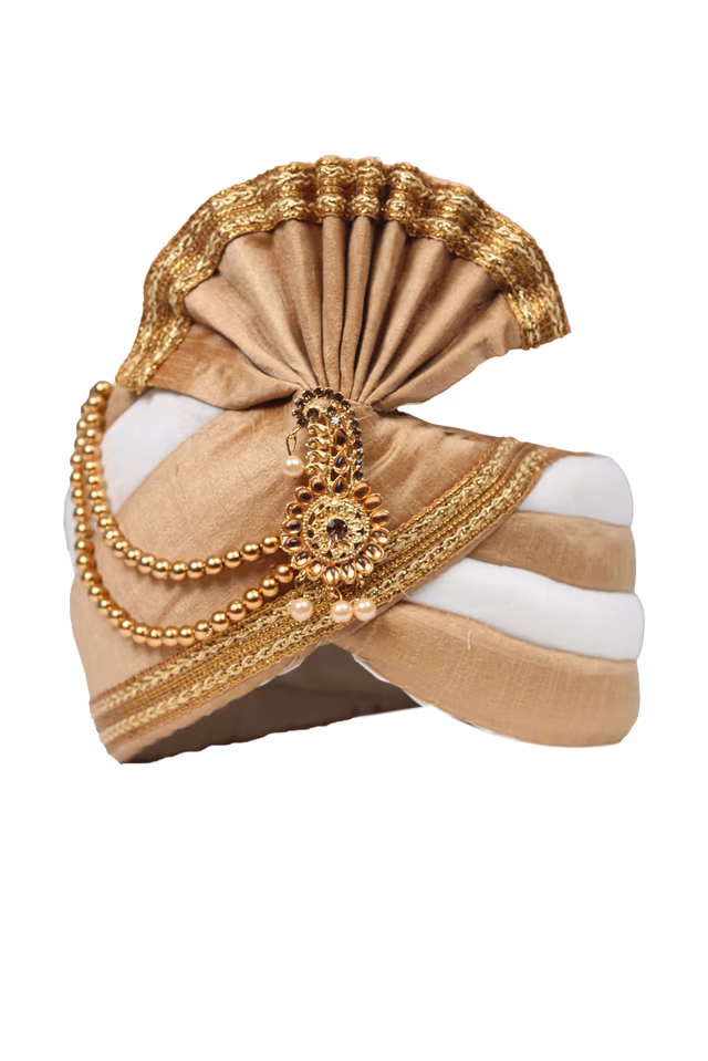 White And Golden Interlined Turban With Golden Border and Beads Embellishment — rent in Calicut