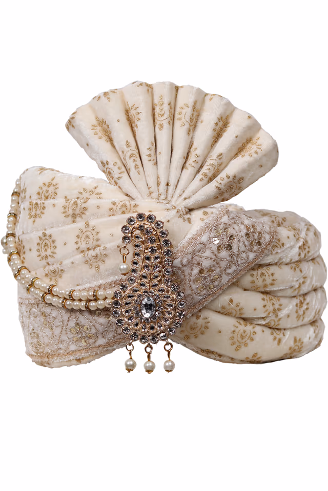 Golden Motif Printed Off White Classic Turban With White And Golden Beads — rent in Coimbatore