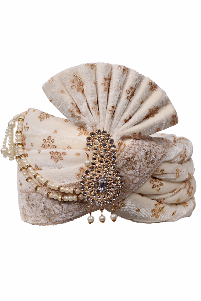 Golden Motif Printed Off White Classic Turban With White And Golden Beads And Golden Locket — rent in Coimbatore