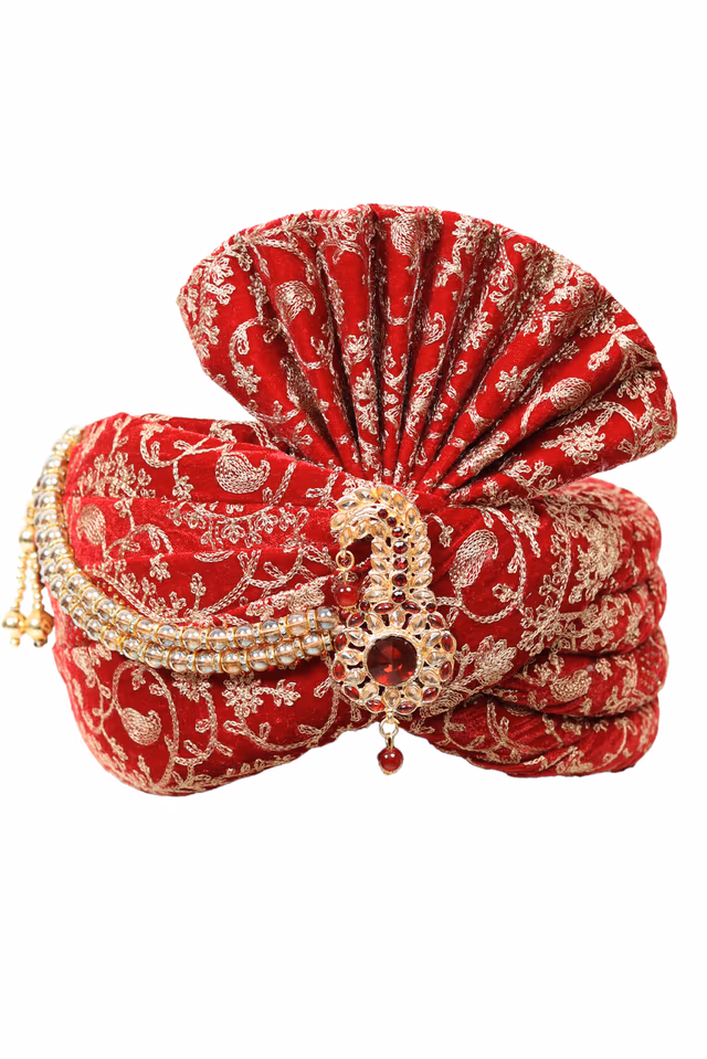 Golden Motif Printed Red Turban With Golden Beads Embellishment — rent in Coimbatore
