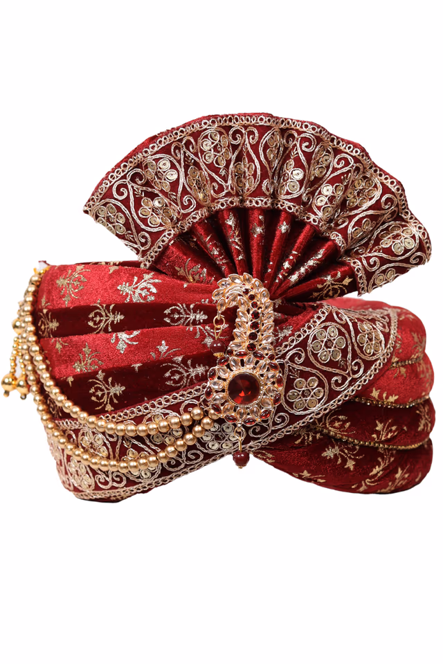 Golden Motif Printed Red Turban With Heavy Threadworked Border — rent in Coimbatore