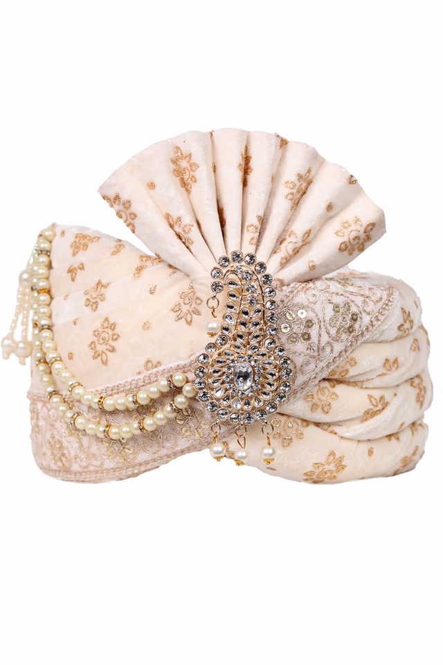 Golden Textured White Turban With White Bead Chain And Golden Front Locket — rent in Coimbatore
