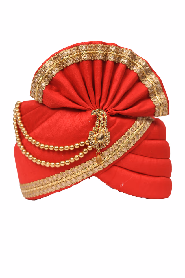 Hot Red Simple Turban With Golden Border And Golden Mothi Embellishment — rent in Calicut
