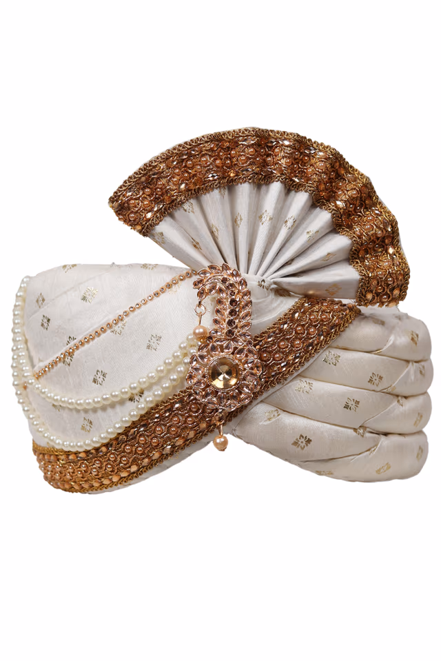 Ivory White Turban With Dark Golden Border — rent in Coimbatore