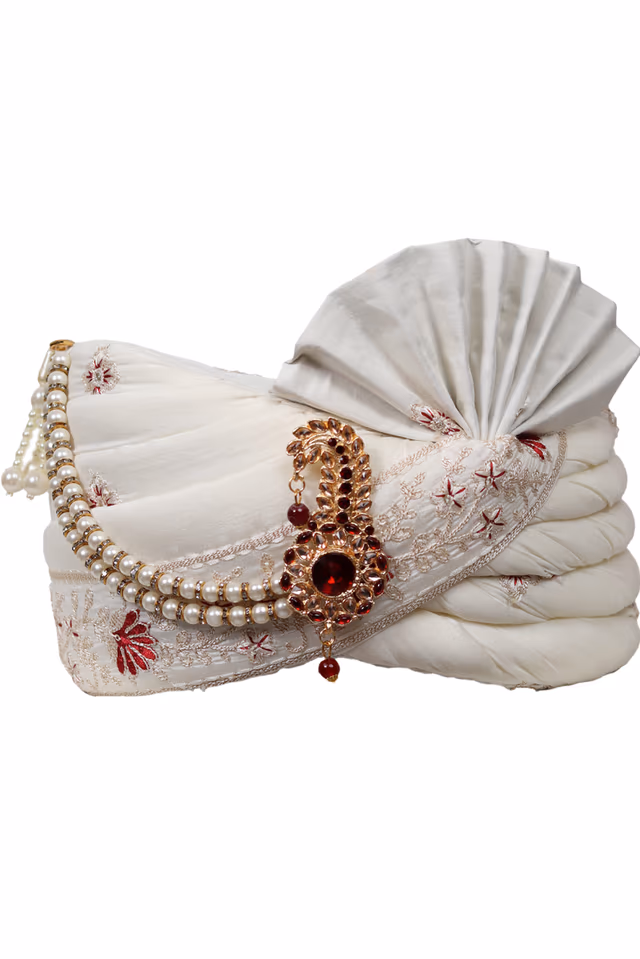Ivory White Turban With Golden Front Locket And White Threadworked Border — rent in Coimbatore