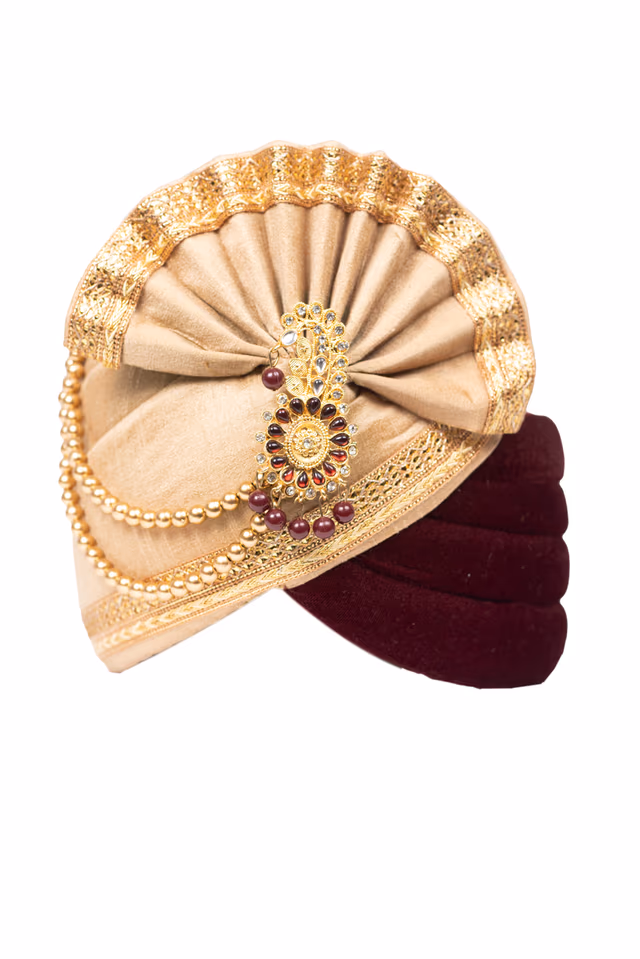 Maroon And Ivory Double Coloured  Turban With Golden Border And Ivory Beads Embellishment — rent in Calicut