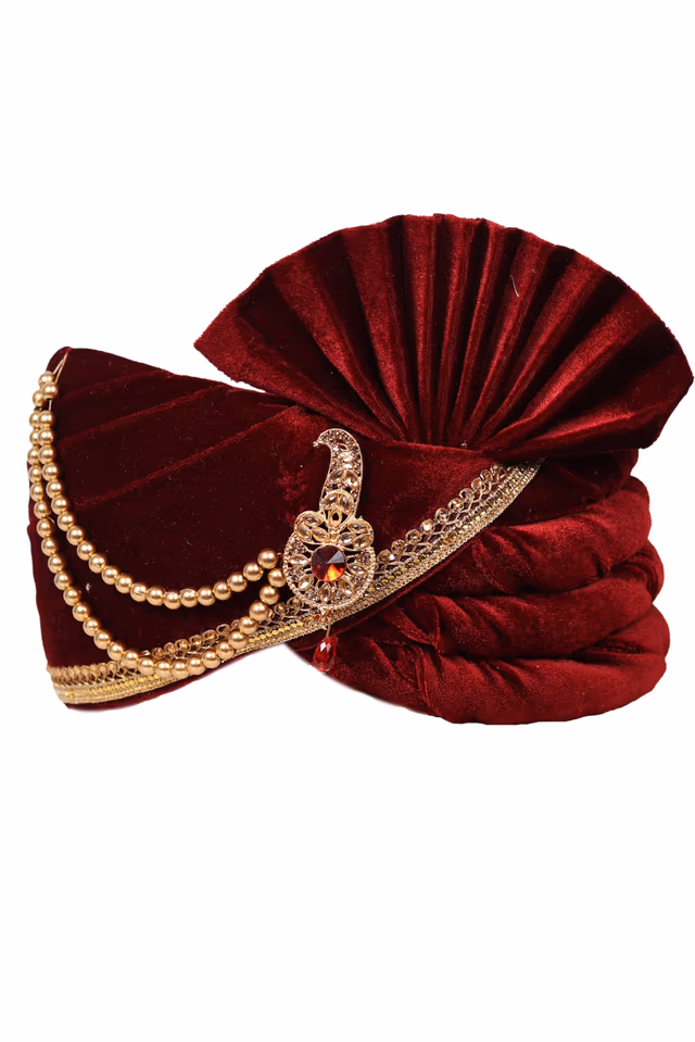 Maroon Velvet Classic Turban With Golden Front Locket — rent in Coimbatore