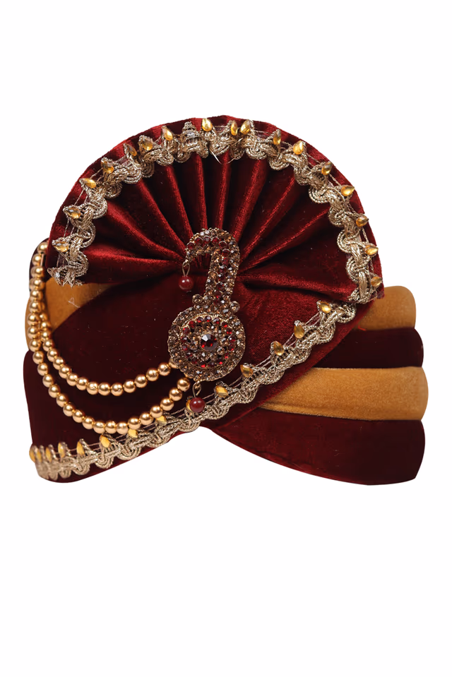 Maroon And Yellow Orange Double Color Interlined Turban With Golden Beads Embellishment — rent in Calicut