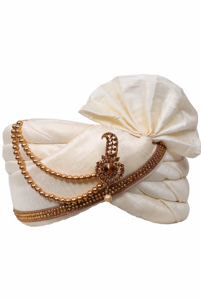 Pearl White Plain Classic Turban With Golden Beads Embellishment — rent in Coimbatore