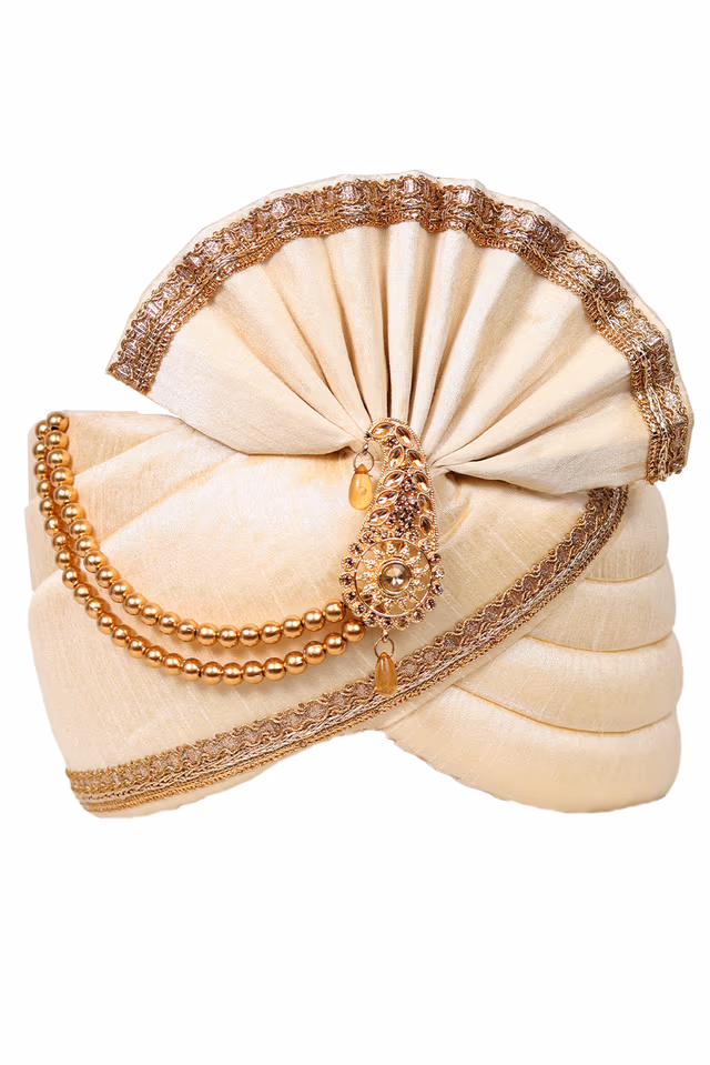 Pearl White Plain Classic Turban With Golden Beads Embellishment And Golden Front Locket — rent in Coimbatore