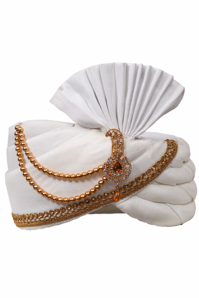 Pure White Classic Turban With Golden Border Embellishment — rent in Coimbatore