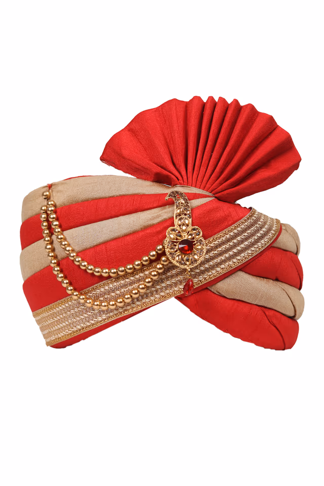 Red and Beige Double color Interlined Turban With Golden Mothi — rent in Calicut