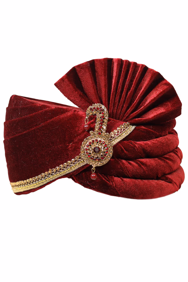 Red Velvet Classic Turban With Golden Front Locket — rent in Coimbatore