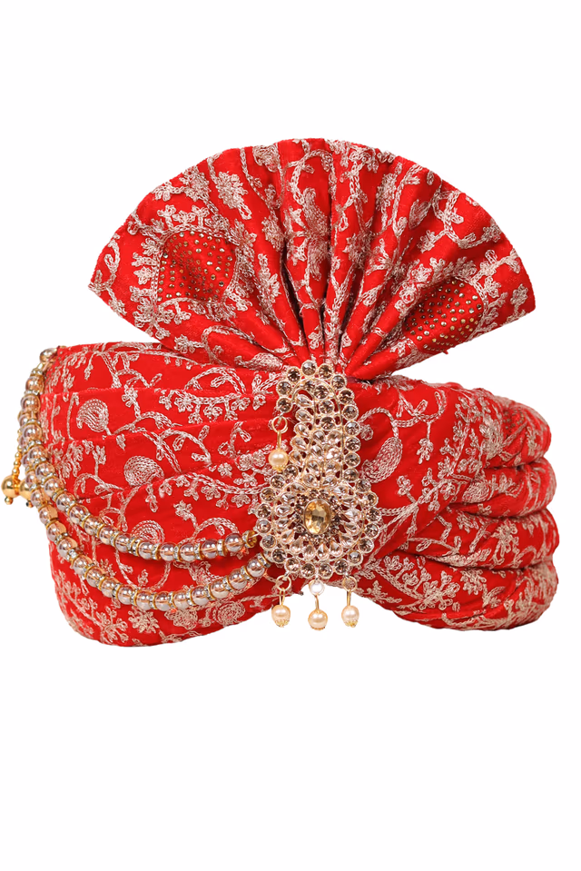 Saffron Red Threadworked Fabric Turban With Golden Front Locket — rent in Coimbatore