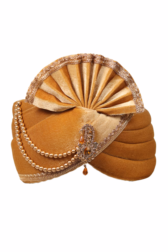 Sandal Colour Plain Classic Turban With Golden Beads And Front Locket — rent in Coimbatore