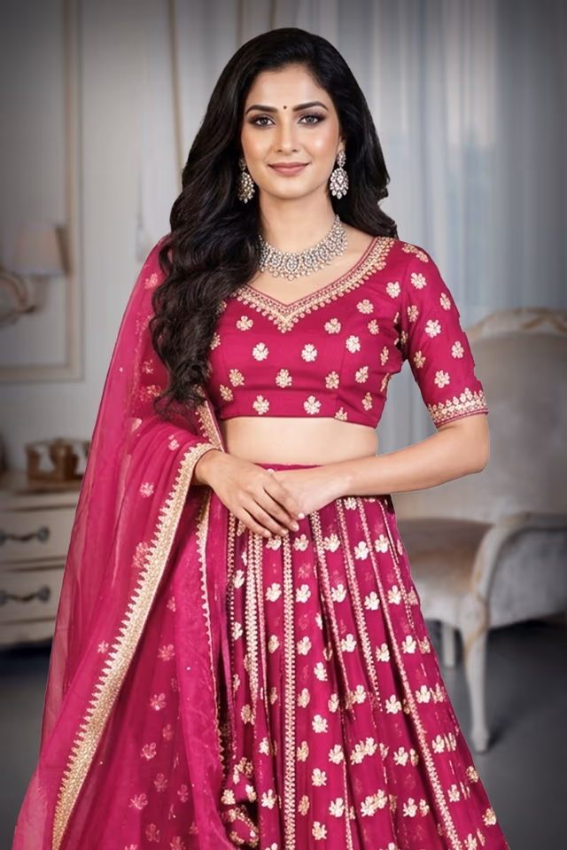 Wine Colour Lehenga With Heavy Stone Work And Threadwork With Same Colour Dupatta — rent in Calicut