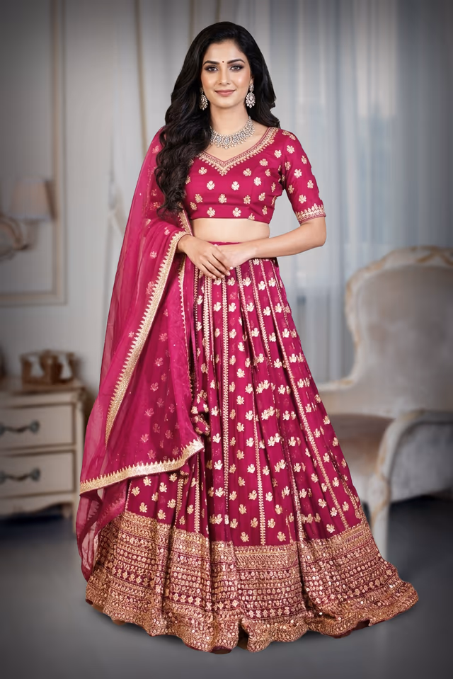 Wine Colour Lehenga With Heavy Stone Work And Threadwork With Same Colour Dupatta — back view, rent in Calicut