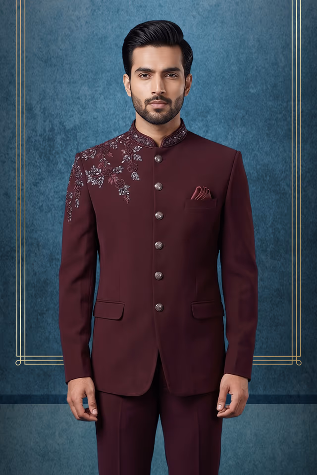 Wine  Indo Western Jodhpuri  with Floral Embroidery — back view, rent in Kozhikode