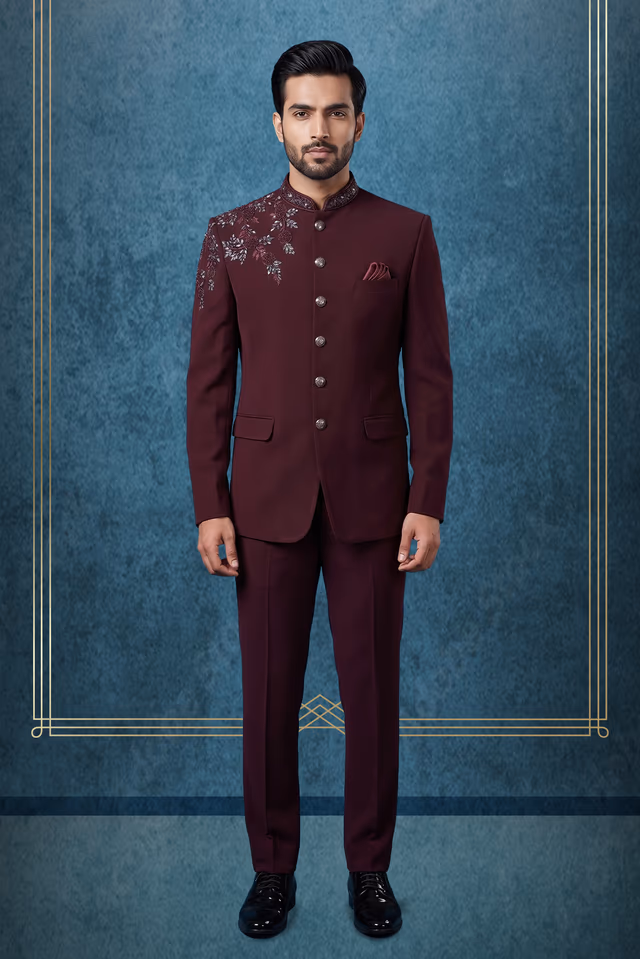 Wine  Indo Western Jodhpuri  with Floral Embroidery — rent in Kozhikode